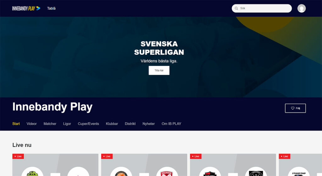 Så här ser det ut när du går in på Innebandy Play idag.