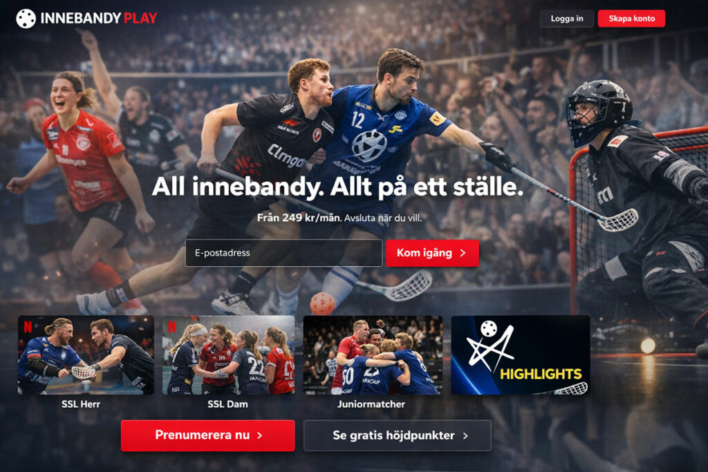 En bättre landningssida och ett tydligare erbjudande när ChatGPT får inspireras av Netflix och andra streamingtjänster för att skapa en motsvarighet till Innebandy Play. Ber om överseende med att AI-bilderna visar lite konstiga innebandyklubbor och motspelare som firar med varandra. 